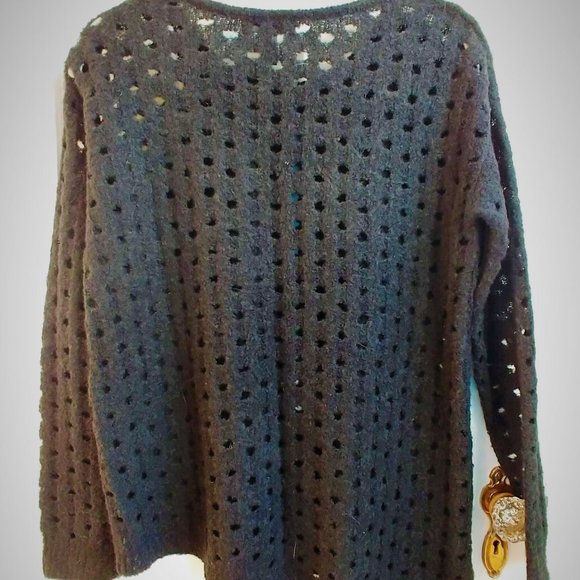 Aqua Black Sweater with Holes Asymmetrical Bottom Bloomingdale's wool blend S-M - Picture 3 of 12